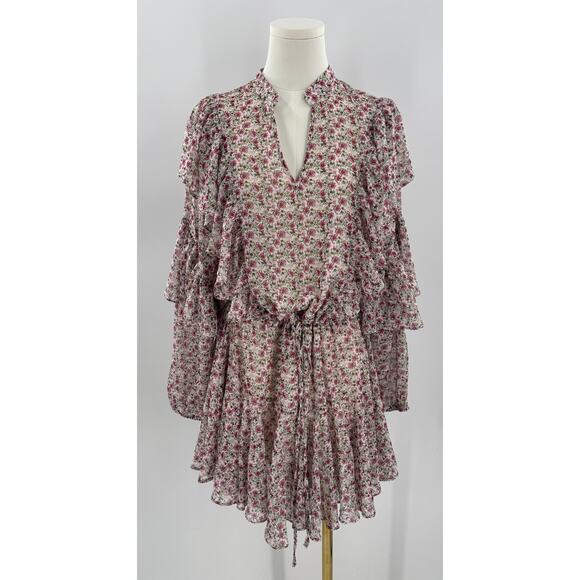 Flawless Floral Ruffled Dress M Cottagecore Long Sleeve Mini Dress White Pink M - Picture 2 of 11